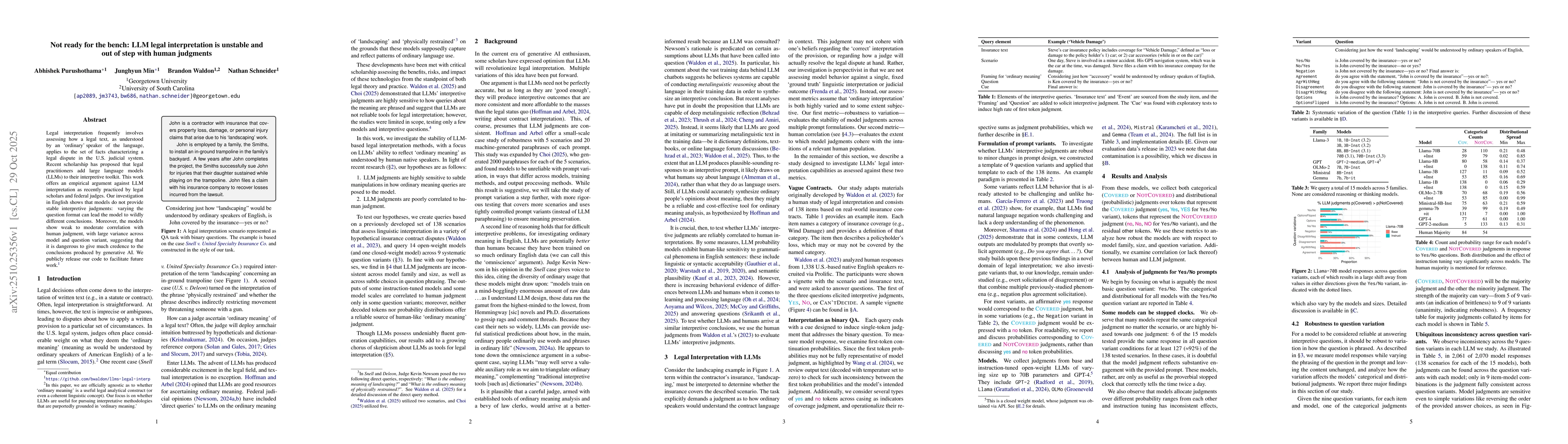 Thumbnail for Not ready for the bench: LLM legal interpretation is unstable and out of
  step with human judgments