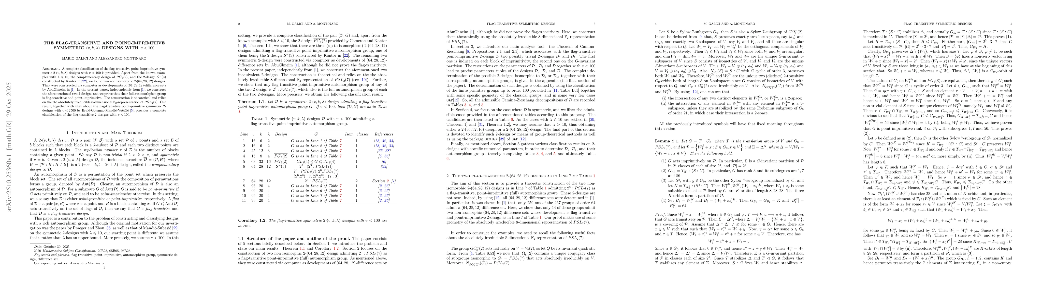 Thumbnail for The Flag-Transitive and Point-Imprimitive Symmetric $(v,k,λ)$
  Designs with $v<100$