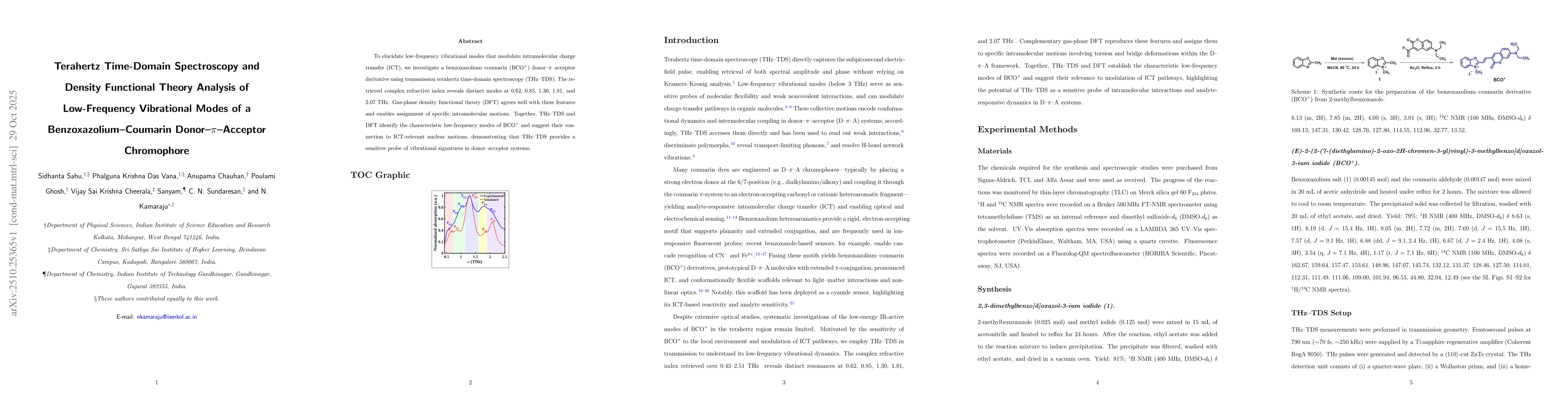 Thumbnail for Terahertz Time-Domain Spectroscopy and Density Functional Theory
  Analysis of Low-Frequency Vibrational Modes of a Benzoxazolium-Coumarin
  Donor-π-Acceptor Chromophore