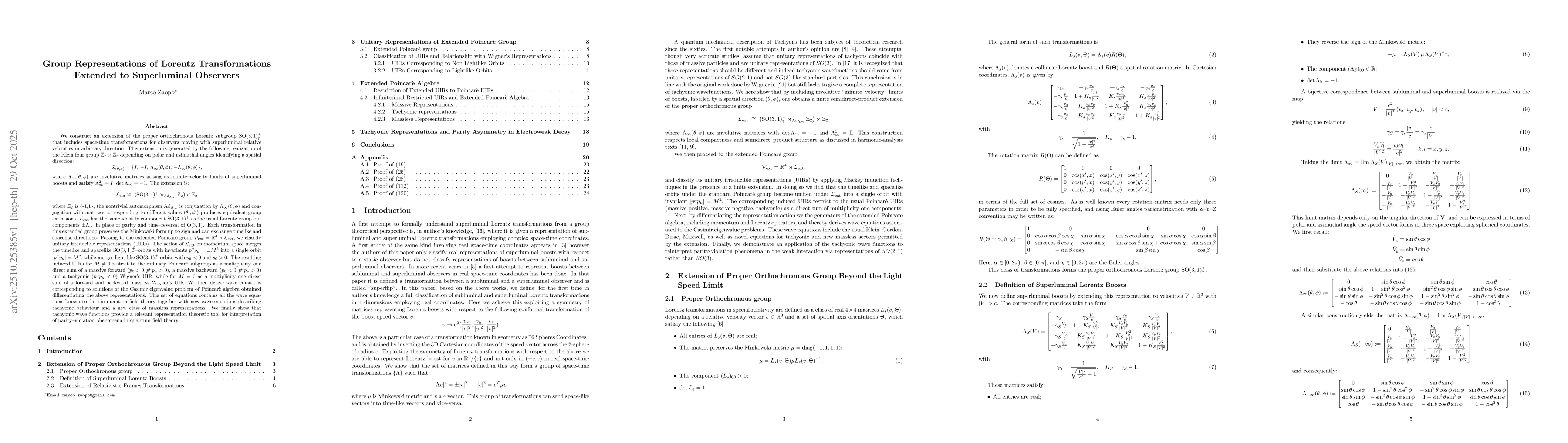 Thumbnail for Group Representations of Lorentz Transformations Extended to
  Superluminal Observers