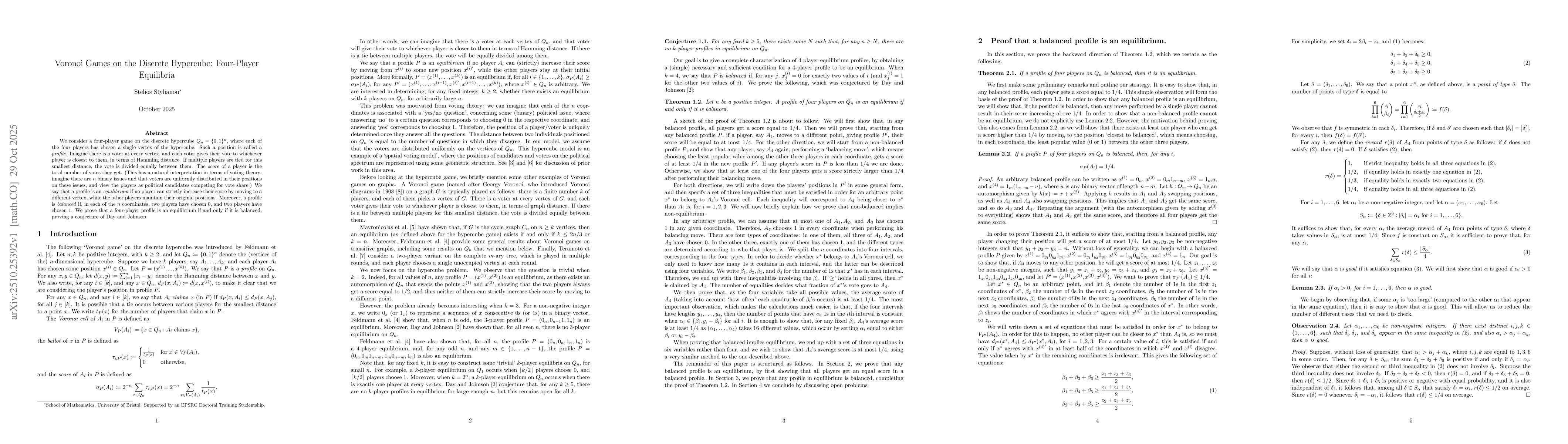 Thumbnail for Voronoi Games on the Discrete Hypercube: Four-Player Equilibria