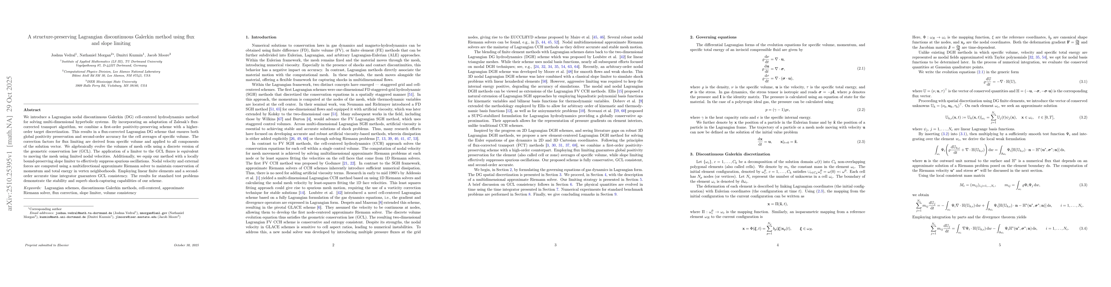 Thumbnail for A structure-preserving Lagrangian discontinuous Galerkin method using
  flux and slope limiting