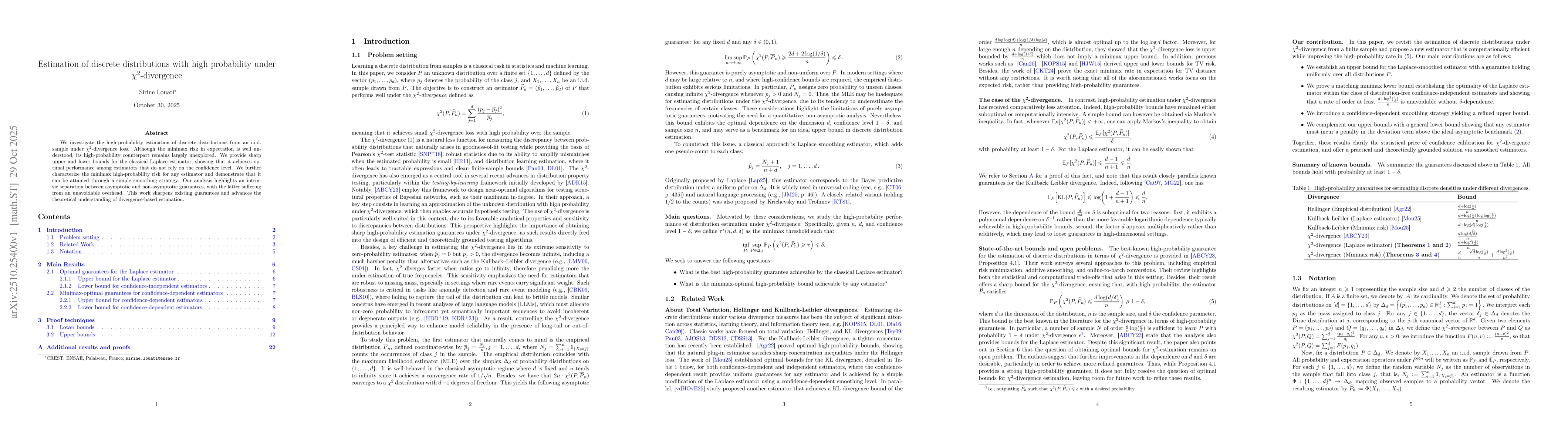 Thumbnail for Estimation of discrete distributions with high probability under
  $χ^2$-divergence