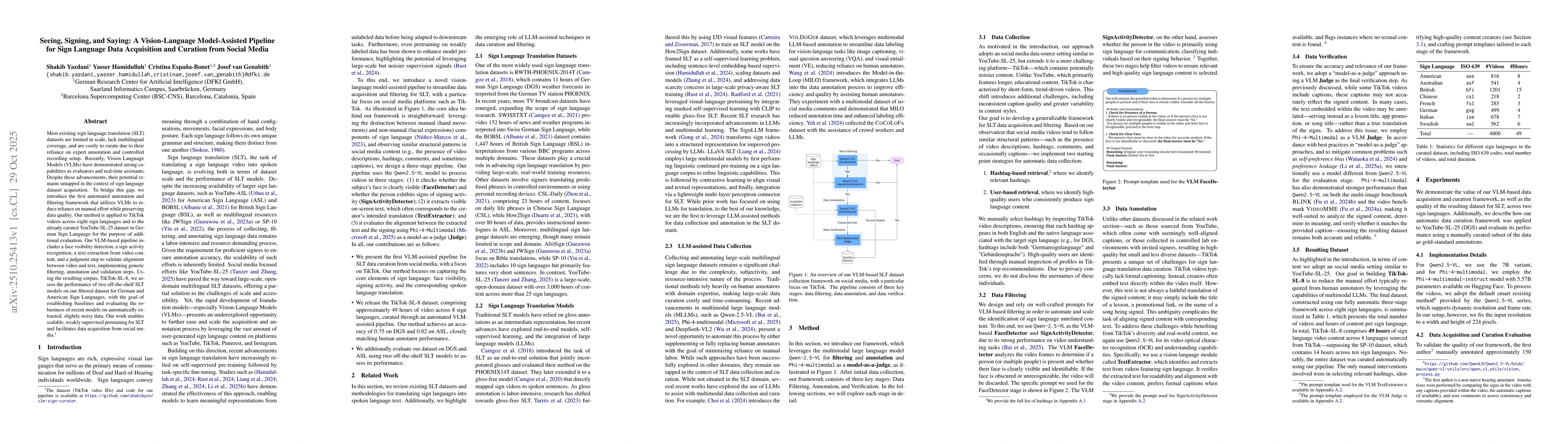 Thumbnail for Seeing, Signing, and Saying: A Vision-Language Model-Assisted Pipeline
  for Sign Language Data Acquisition and Curation from Social Media