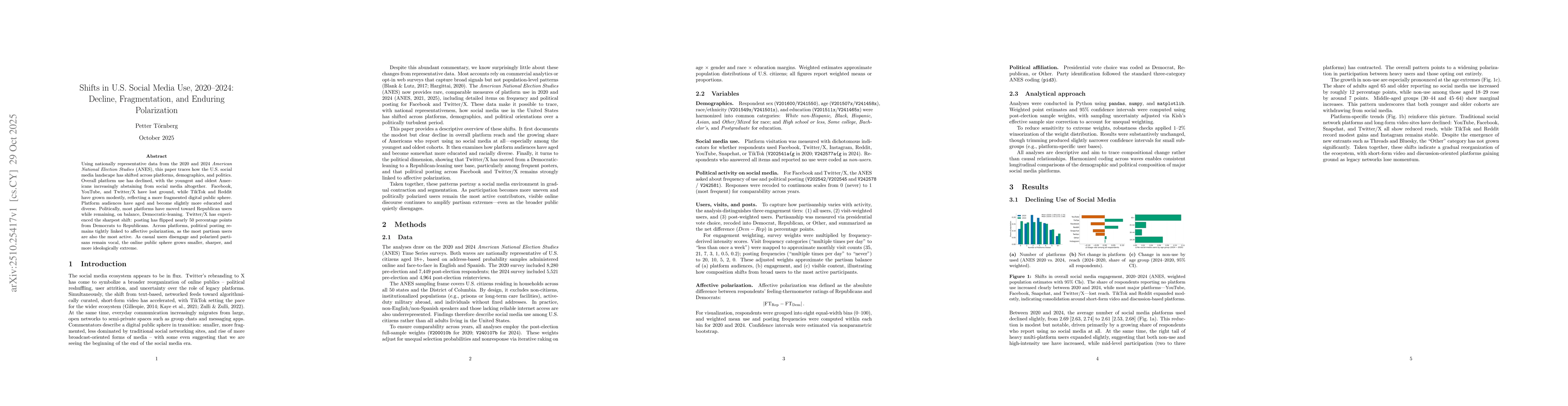 Thumbnail for Shifts in U.S. Social Media Use, 2020-2024: Decline, Fragmentation, and
  Enduring Polarization