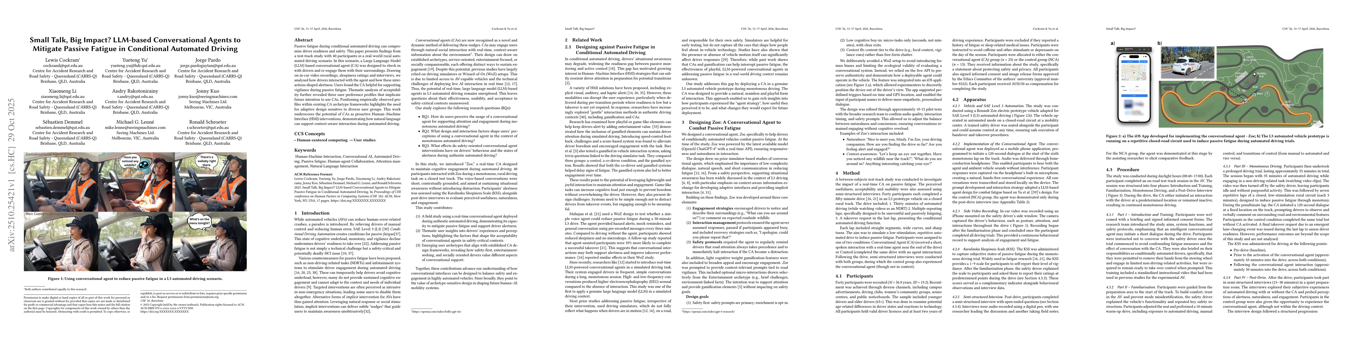 Thumbnail for Small Talk, Big Impact? LLM-based Conversational Agents to Mitigate
  Passive Fatigue in Conditional Automated Driving