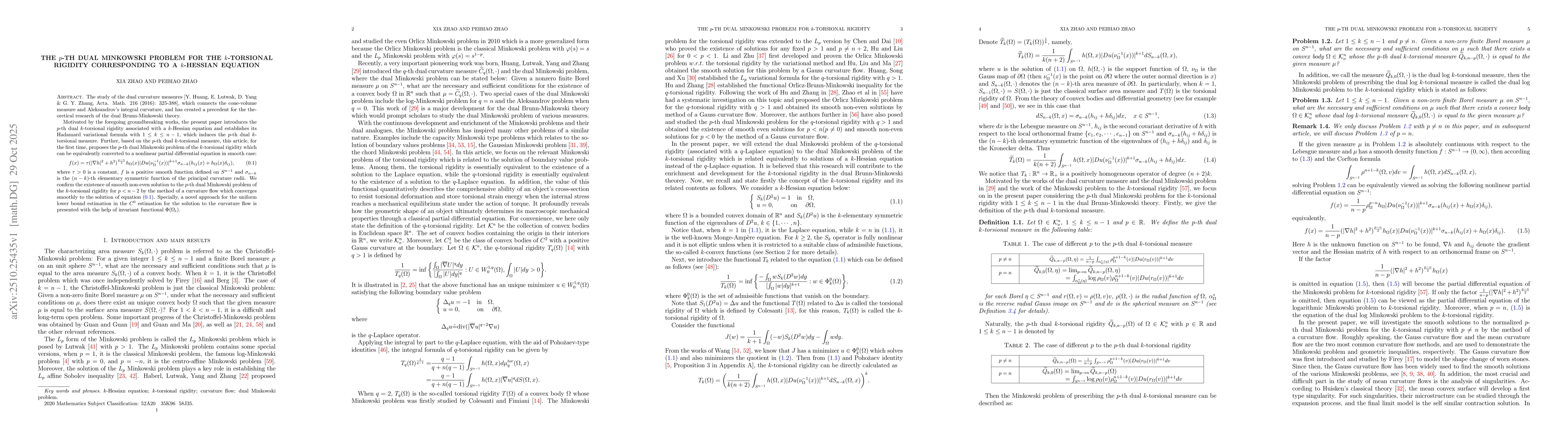 Thumbnail for The $p$-th dual Minkowski problem for the $k$-torsional rigidity
  corresponding to a $k$-Hessian equation