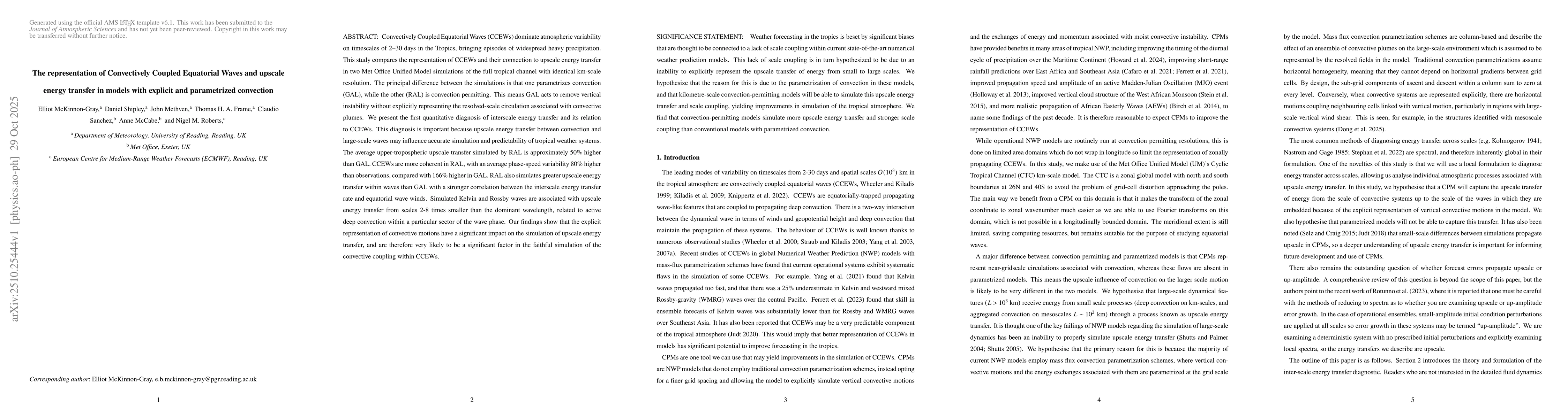 Thumbnail for The representation of Convectively Coupled Equatorial Waves and upscale
  energy transfer in models with explicit and parametrized convection