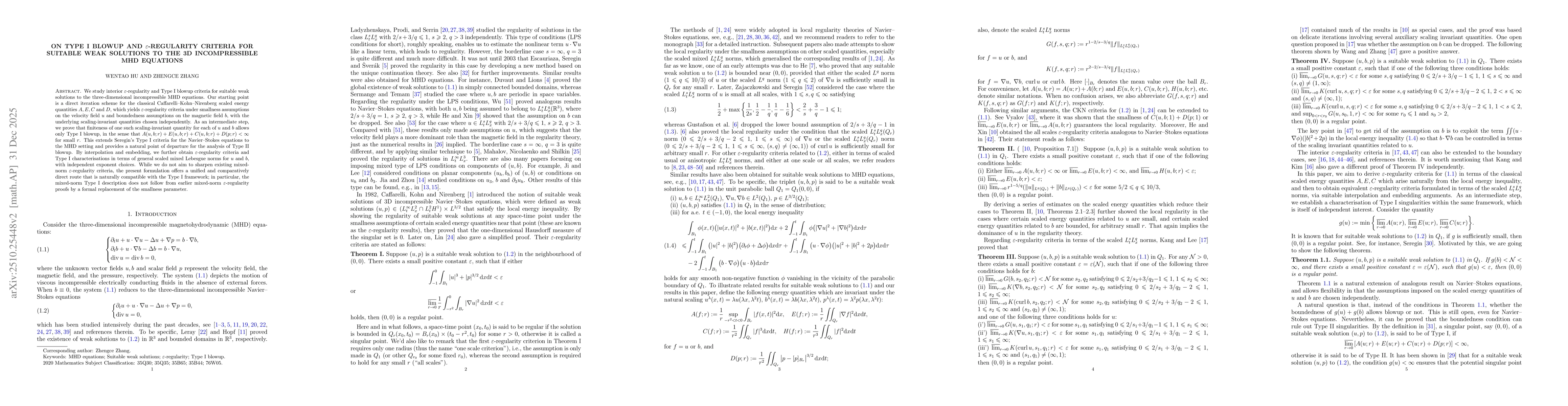 Thumbnail for On Type I blowup and $\varepsilon$-regularity criteria of suitable weak
  solutions to the 3D incompressible MHD equations