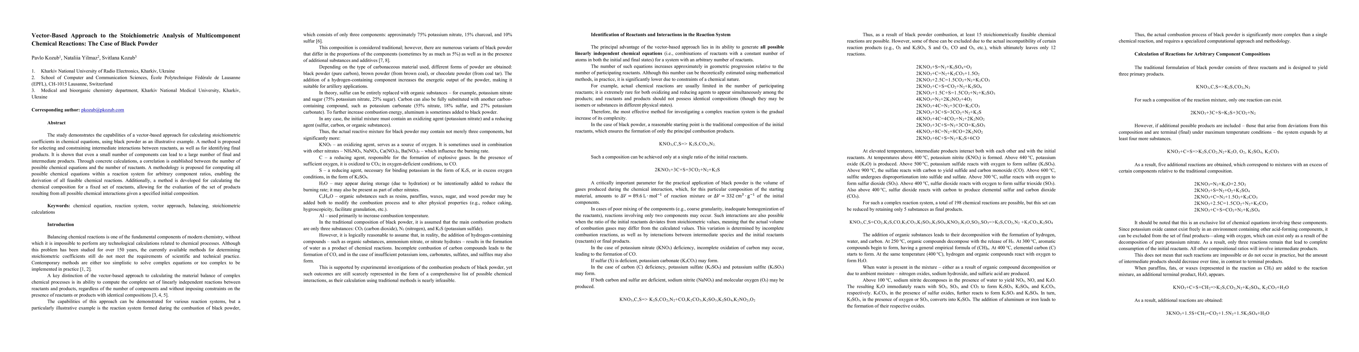 Thumbnail for Vector-Based Approach to the Stoichiometric Analysis of Multicomponent
  Chemical Reactions: The Case of Black Powder