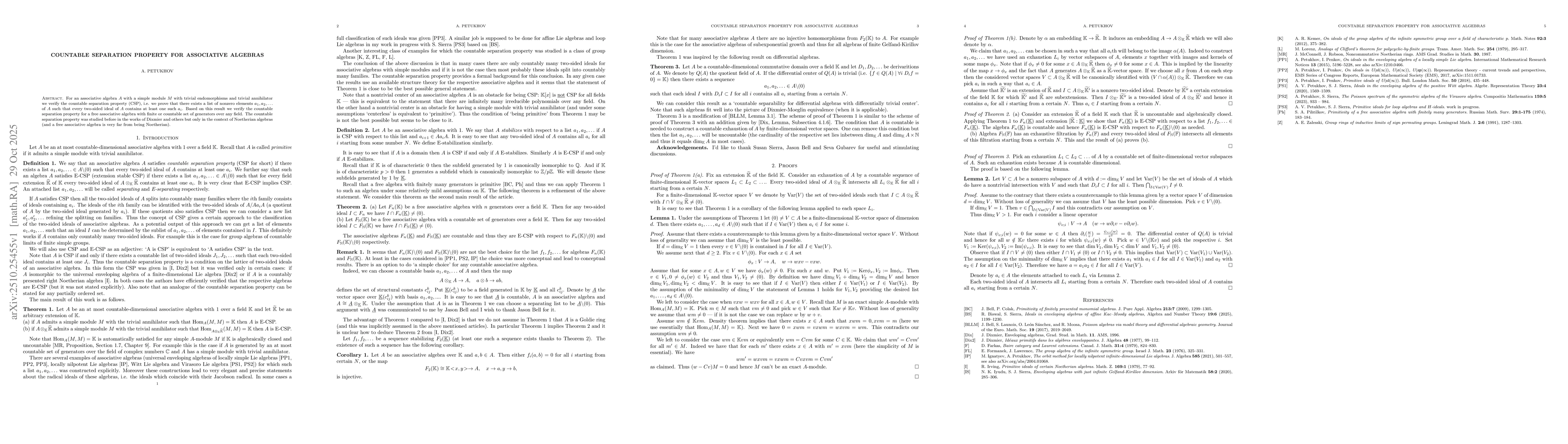 Thumbnail for Countable separation property for associative algebras