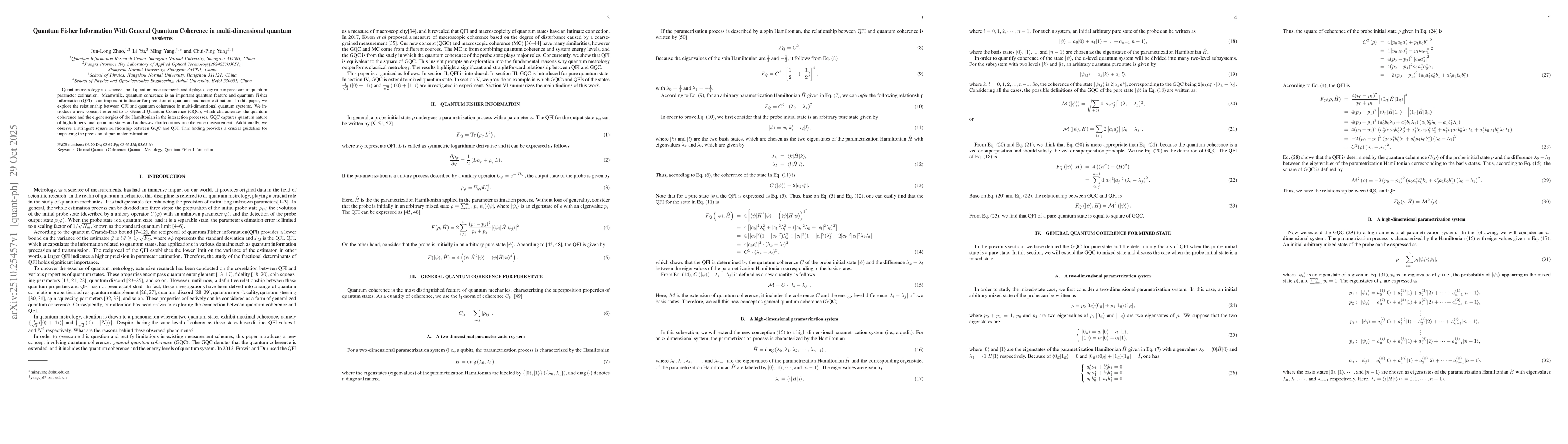 Thumbnail for Quantum Fisher Information With General Quantum Coherence in
  multi-dimensional quantum systems