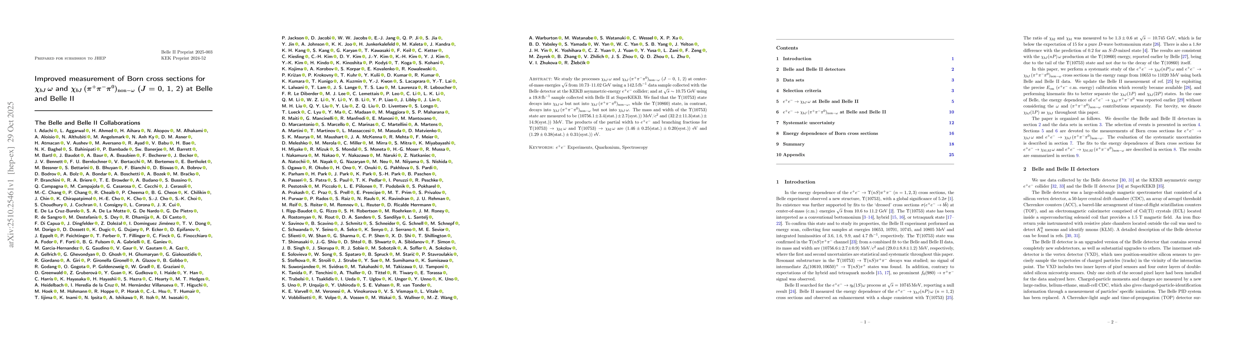 Thumbnail for Improved measurement of Born cross sections for $χ_{bJ}\,ω$ and
  $χ_{bJ}\,(π^+π^-π^0)_{\rm non-ω}$ ($J$ = 0, 1, 2) at Belle and
  Belle II