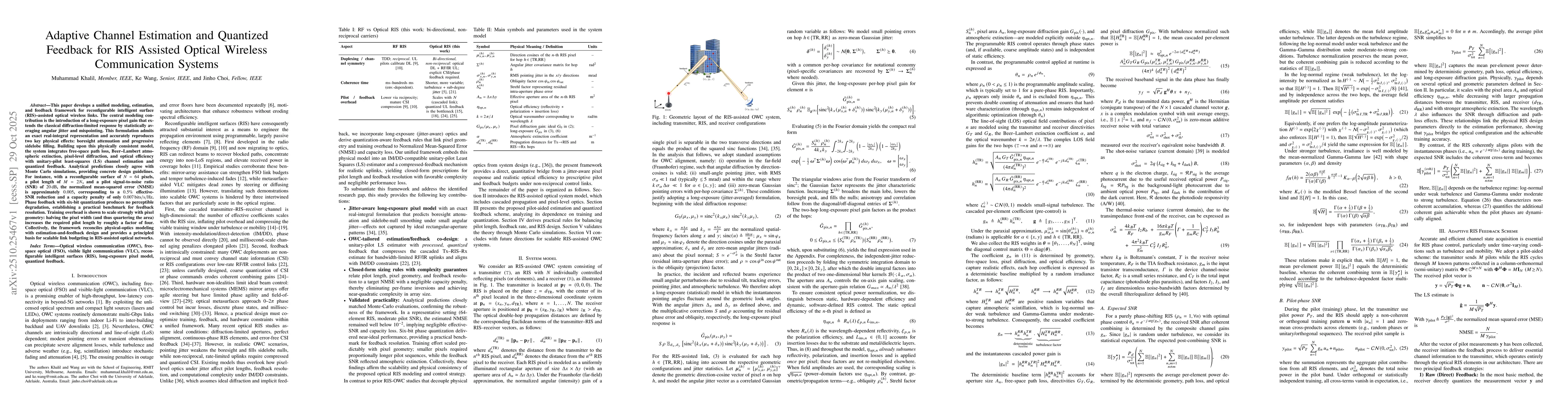 Thumbnail for Adaptive Channel Estimation and Quantized Feedback for RIS Assisted
  Optical Wireless Communication Systems