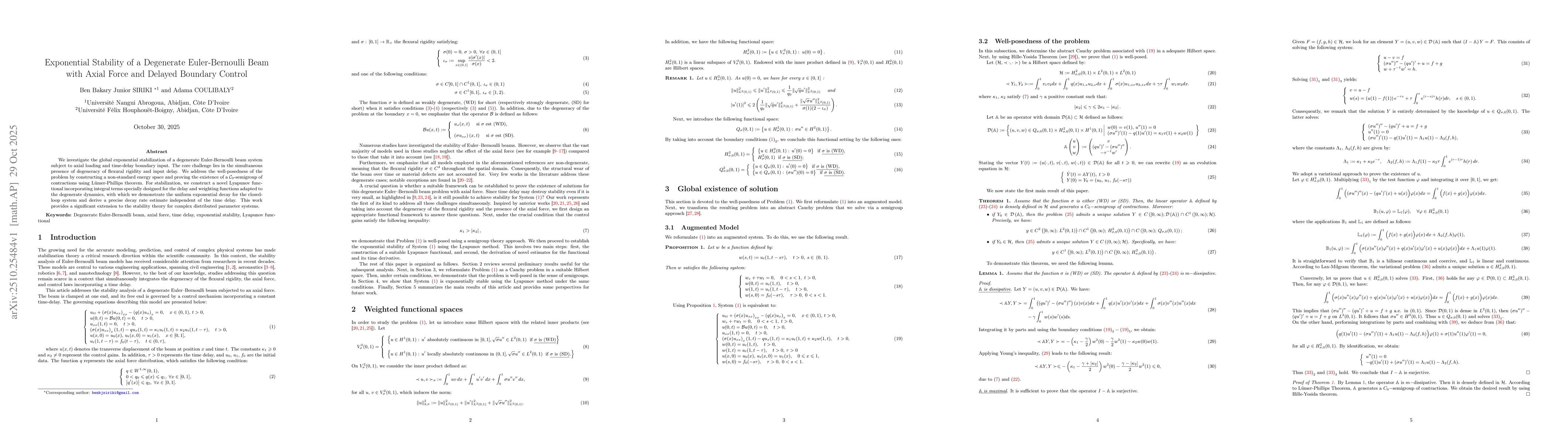 Thumbnail for Exponential Stability of a Degenerate Euler-Bernoulli Beam with Axial
  Force and Delayed Boundary Control