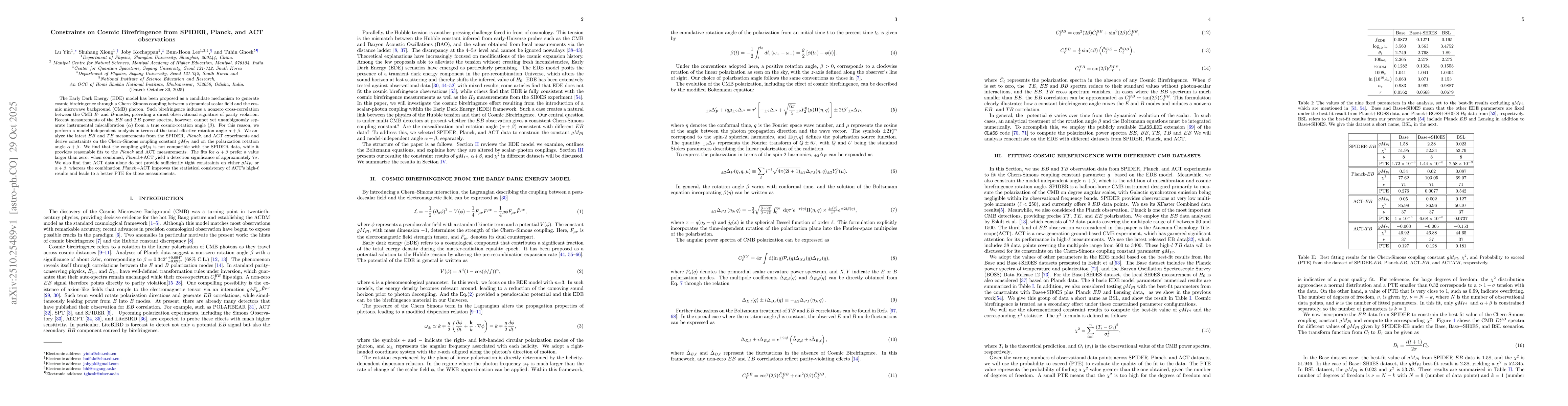 Thumbnail for Constraints on Cosmic Birefringence from SPIDER, Planck, and ACT
  observations