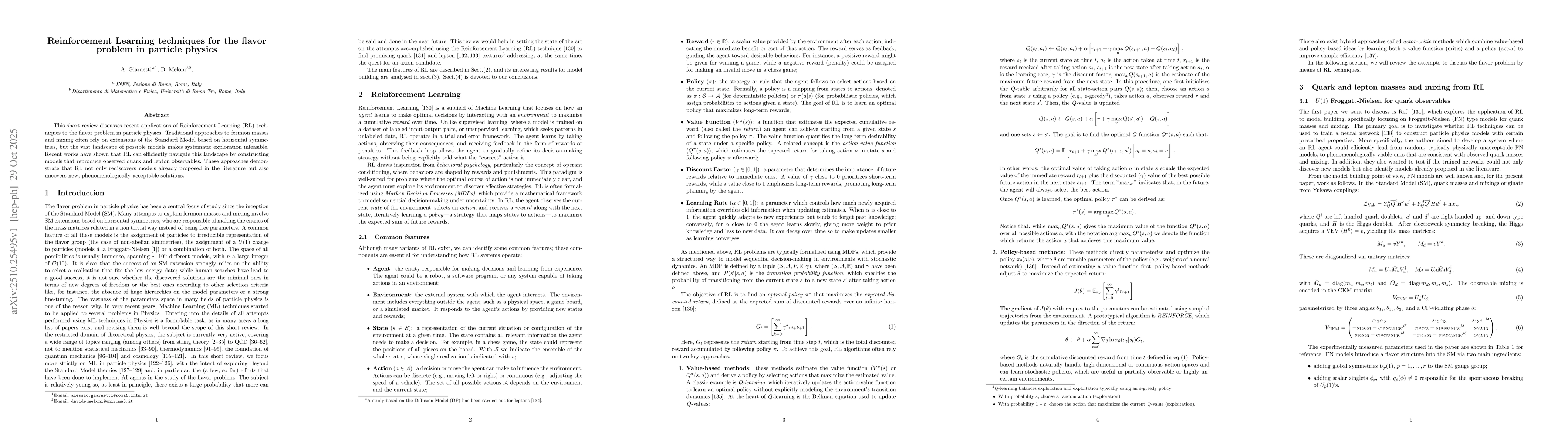 Thumbnail for Reinforcement Learning techniques for the flavor problem in particle
  physics