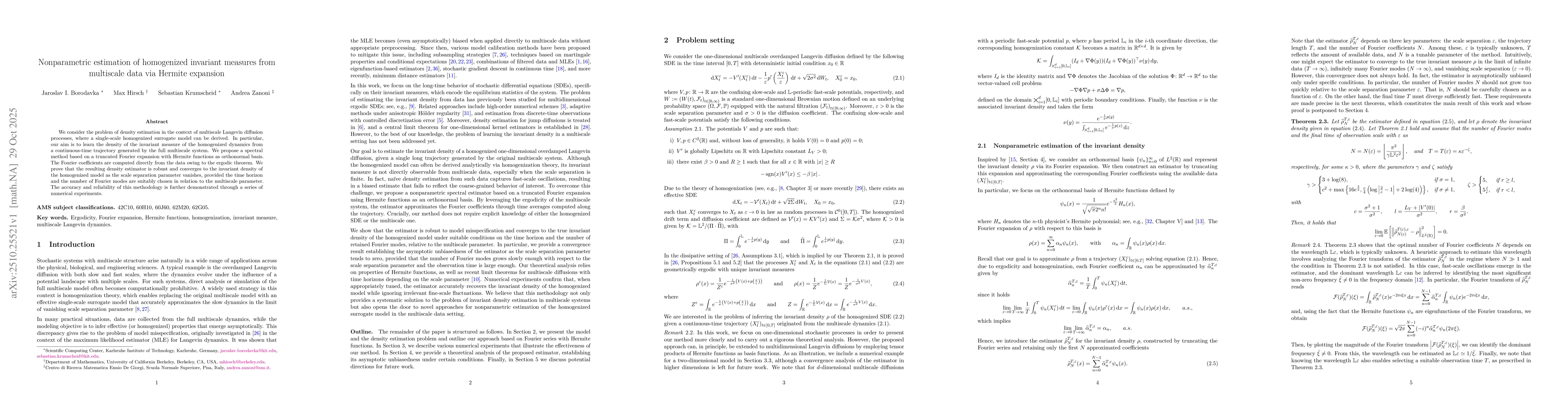Thumbnail for Nonparametric estimation of homogenized invariant measures from
  multiscale data via Hermite expansion