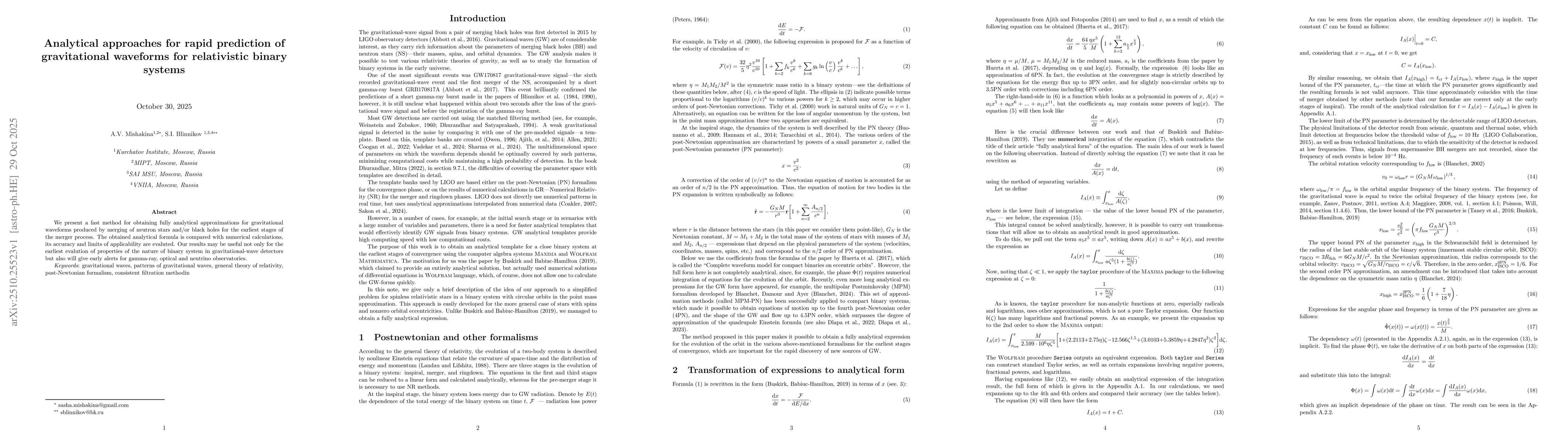 Thumbnail for Analytical approaches for rapid prediction of gravitational waveforms
  for relativistic binary systems