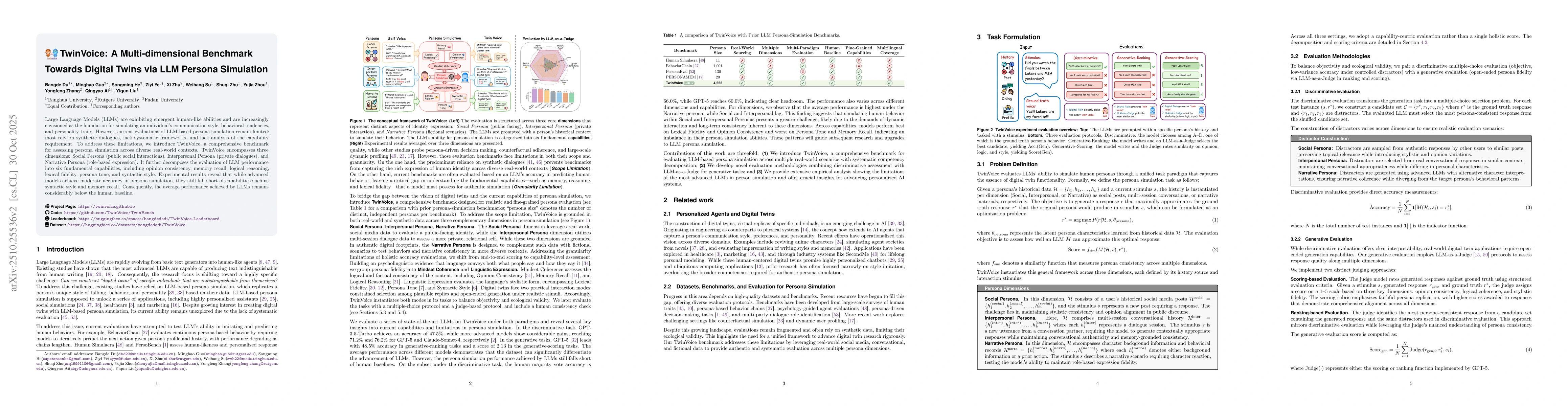 Thumbnail for TwinVoice: A Multi-dimensional Benchmark Towards Digital Twins via LLM
  Persona Simulation