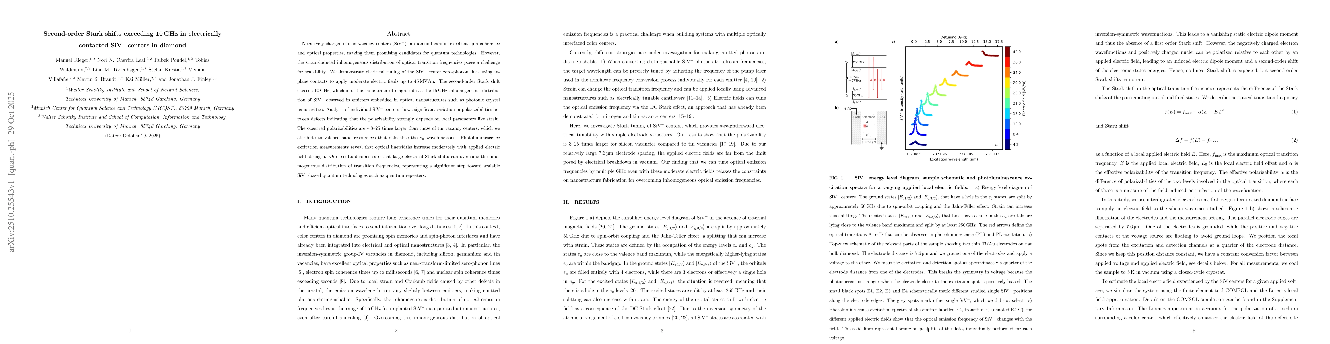 Thumbnail for Second-order Stark shifts exceeding 10$\,$GHz in electrically contacted
  SiV$^-$ centers in diamond