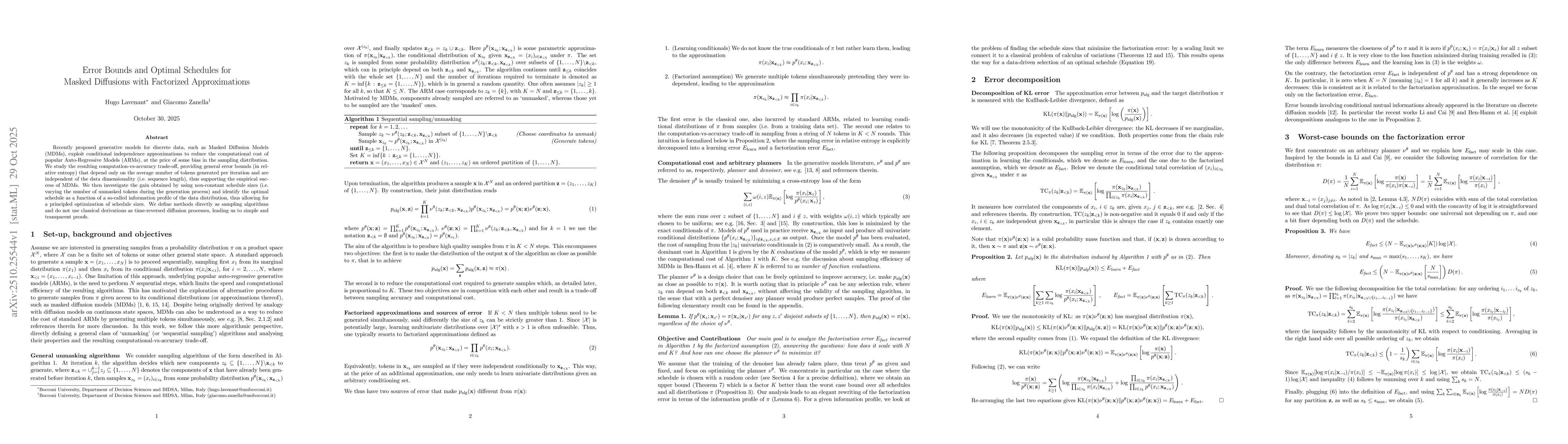 Thumbnail for Error Bounds and Optimal Schedules for Masked Diffusions with Factorized
  Approximations