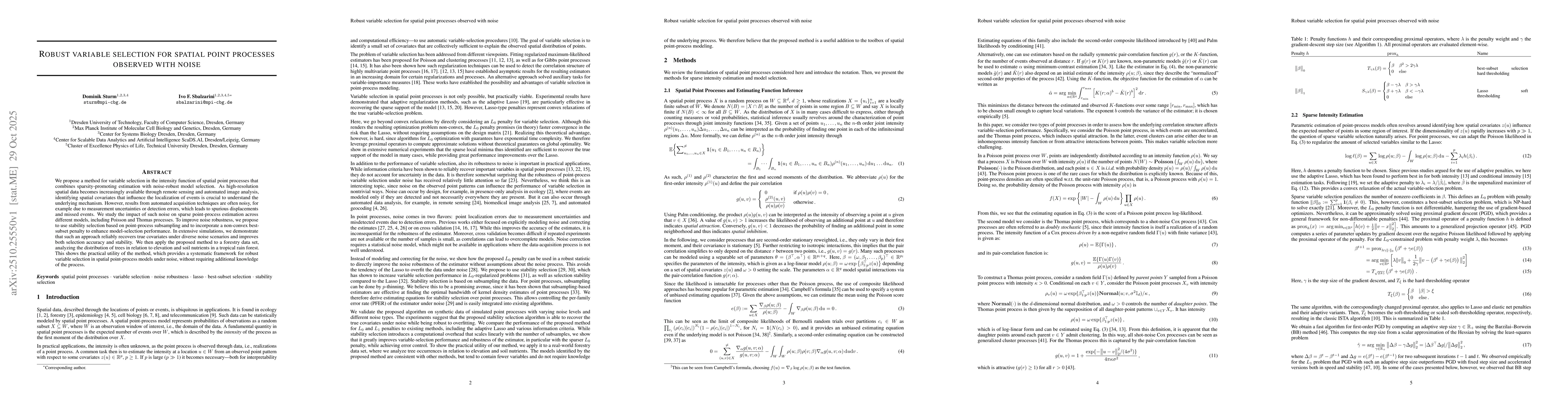 Thumbnail for Robust variable selection for spatial point processes observed with
  noise