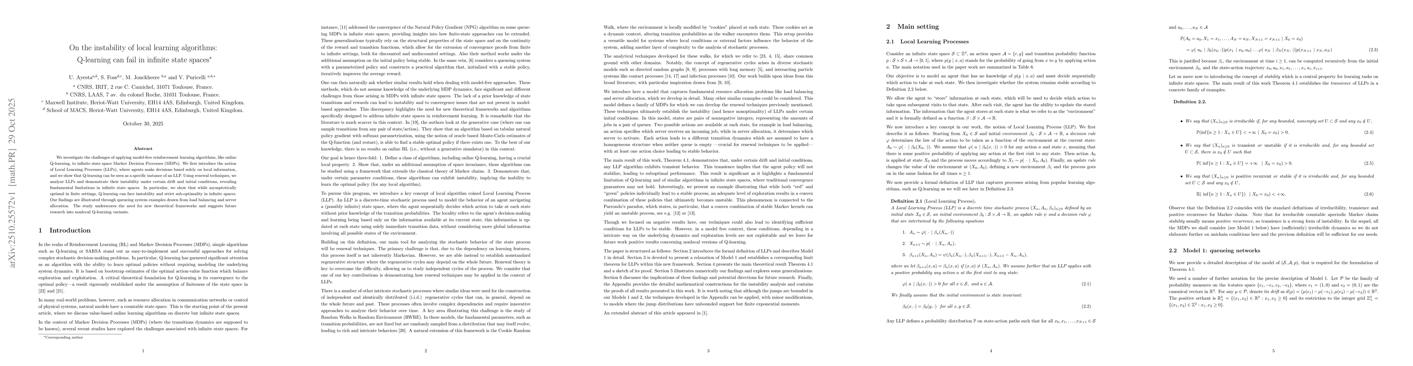 Thumbnail for On the instability of local learning algorithms: Q-learning can fail in
  infinite state spaces