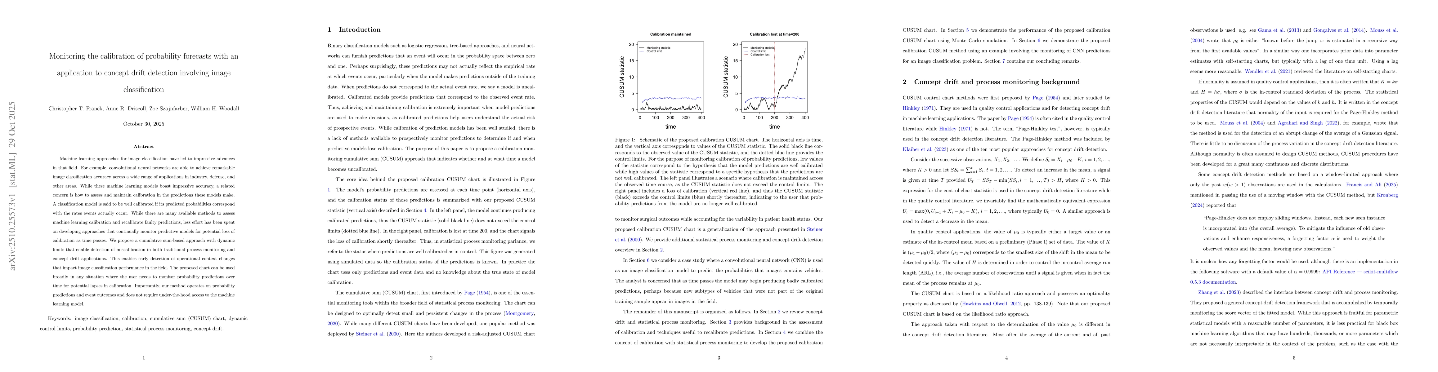 Thumbnail for Monitoring the calibration of probability forecasts with an application
  to concept drift detection involving image classification