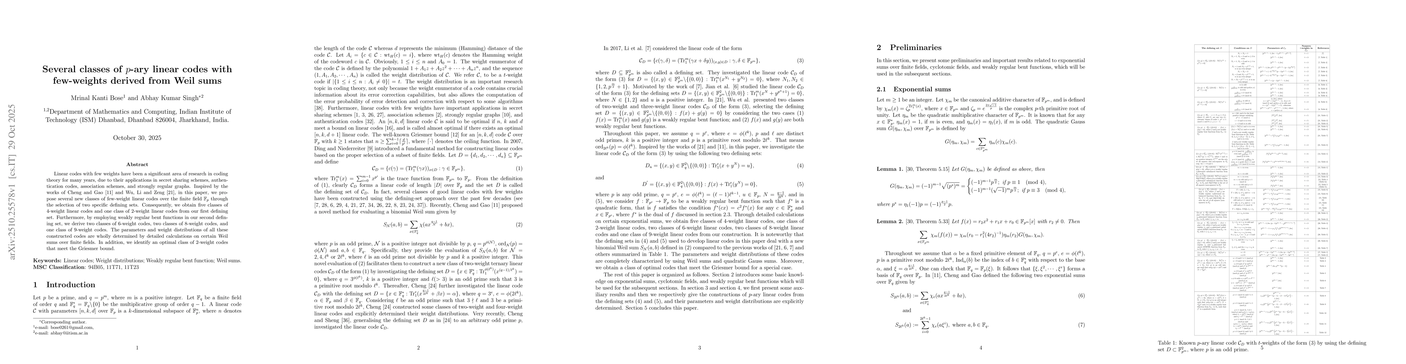 Thumbnail for Several classes of $p$-ary linear codes with few-weights derived from
  Weil sums