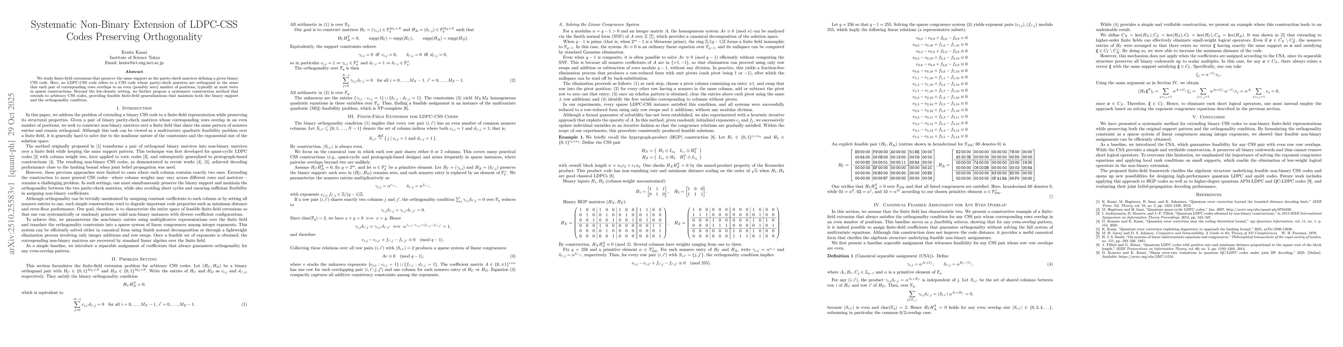 Thumbnail for Systematic Non-Binary Extension of LDPC-CSS Codes Preserving
  Orthogonality