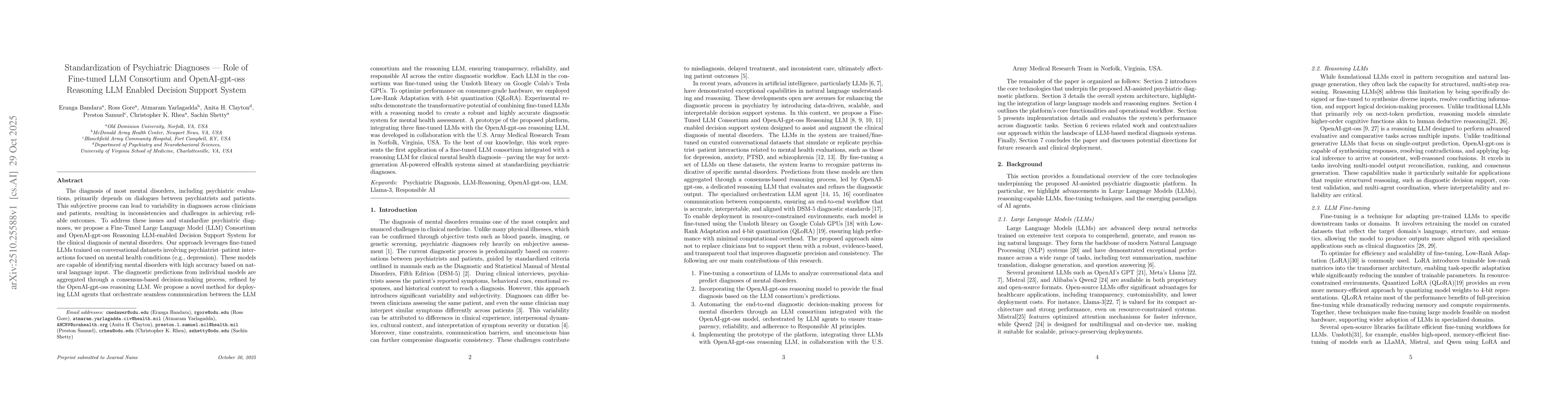 Thumbnail for Standardization of Psychiatric Diagnoses -- Role of Fine-tuned LLM
  Consortium and OpenAI-gpt-oss Reasoning LLM Enabled Decision Support System