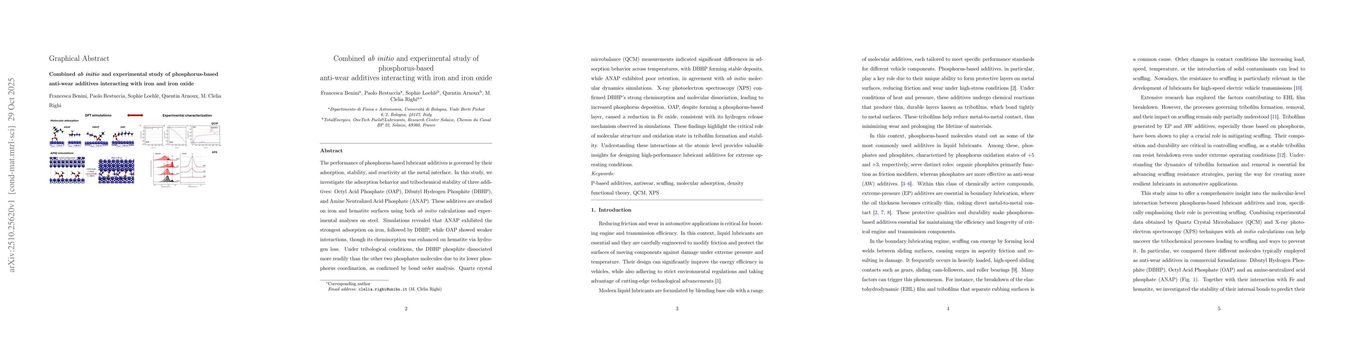 Thumbnail for Combined ab initio and experimental study of phosphorus-based anti-wear
  additives interacting with iron and iron oxide