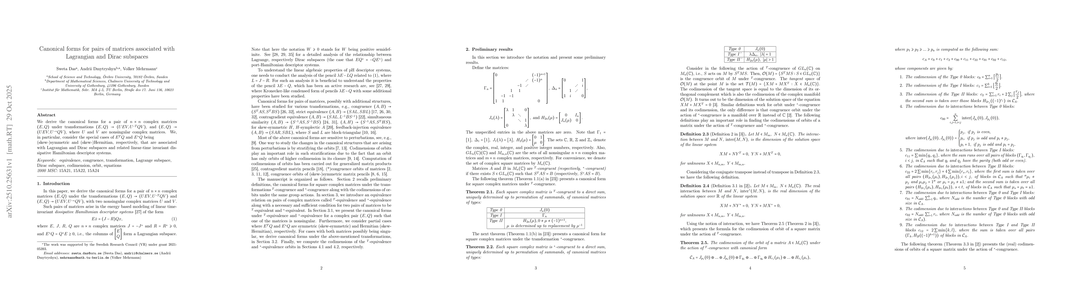 Thumbnail for Canonical forms for pairs of matrices associated with Lagrangian and
  Dirac subspaces