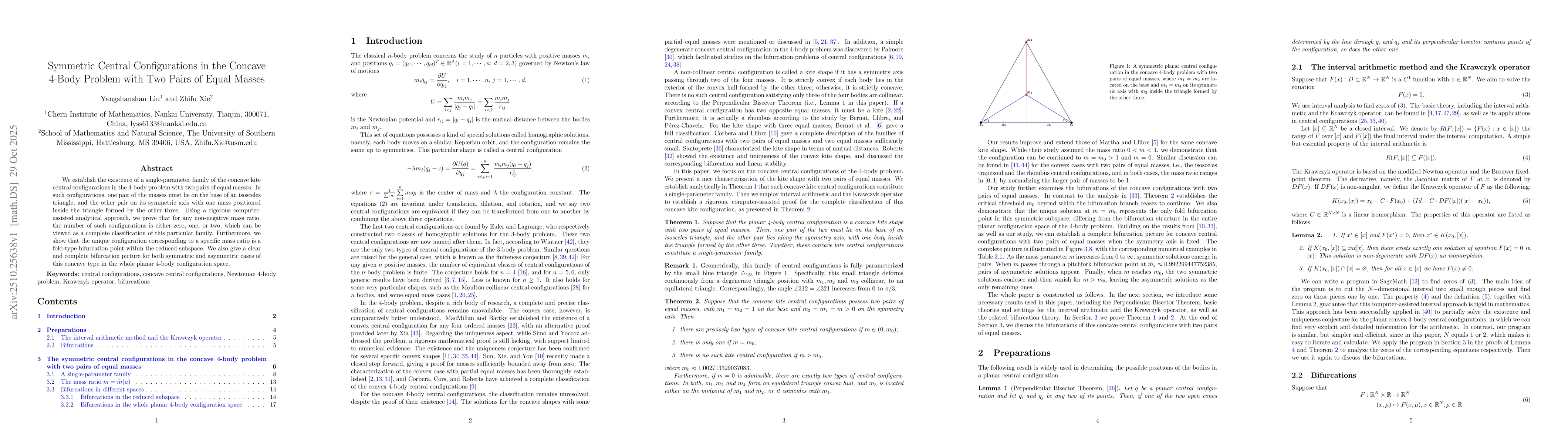Thumbnail for Symmetric Central Configurations in the Concave 4-Body Problem with Two
  Pairs of Equal Masses