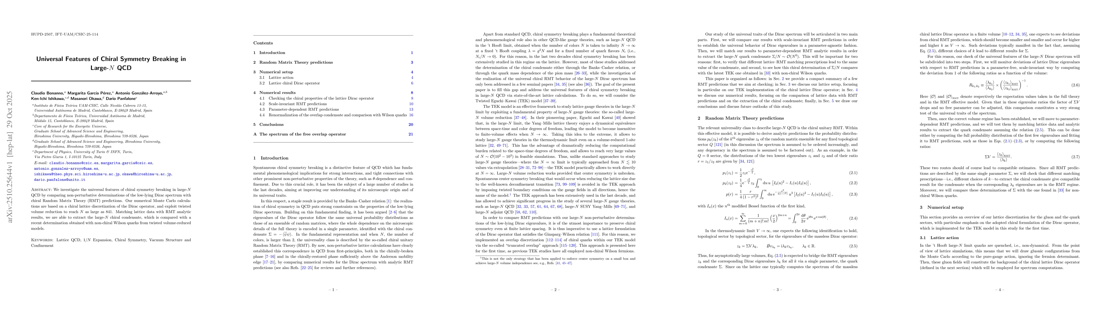 Thumbnail for Universal Features of Chiral Symmetry Breaking in Large-$N$ QCD