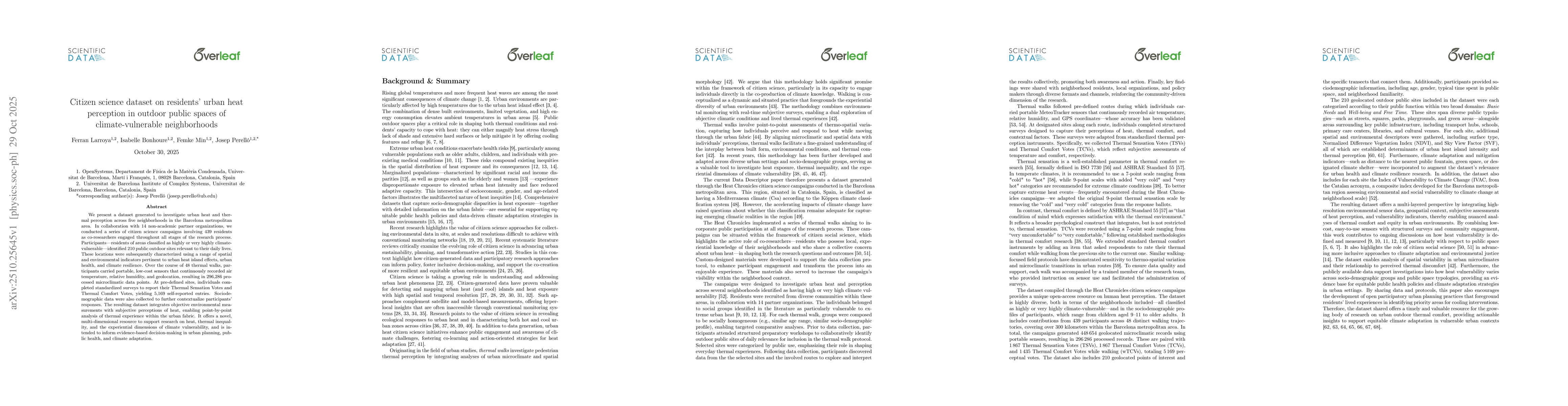 Thumbnail for Citizen science dataset on residents' urban heat perception in outdoor
  public spaces of climate-vulnerable neighborhoods