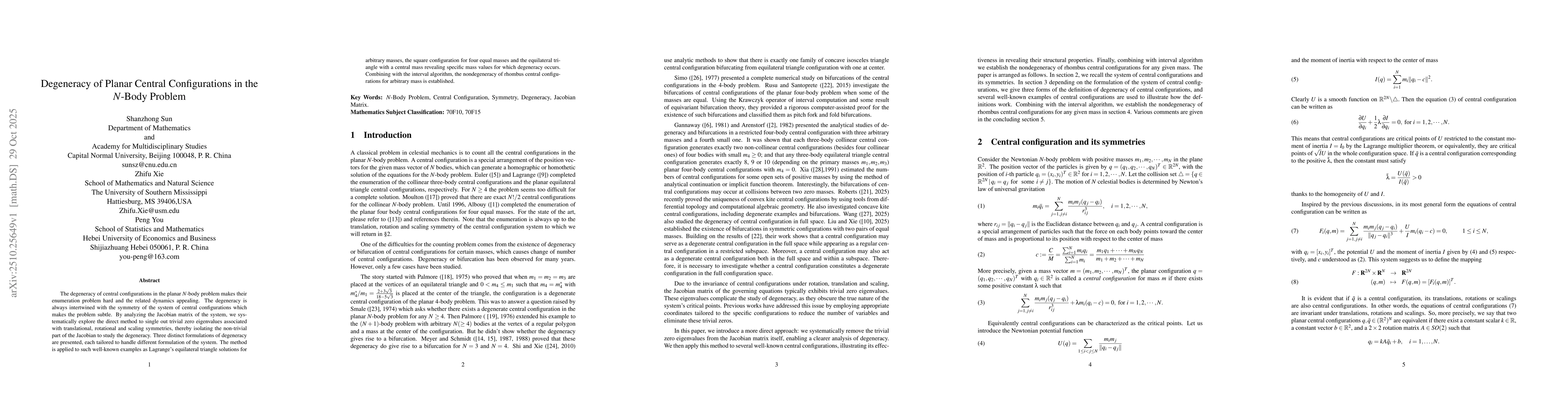 Thumbnail for Degeneracy of Planar Central Configurations in the $N$-Body Problem