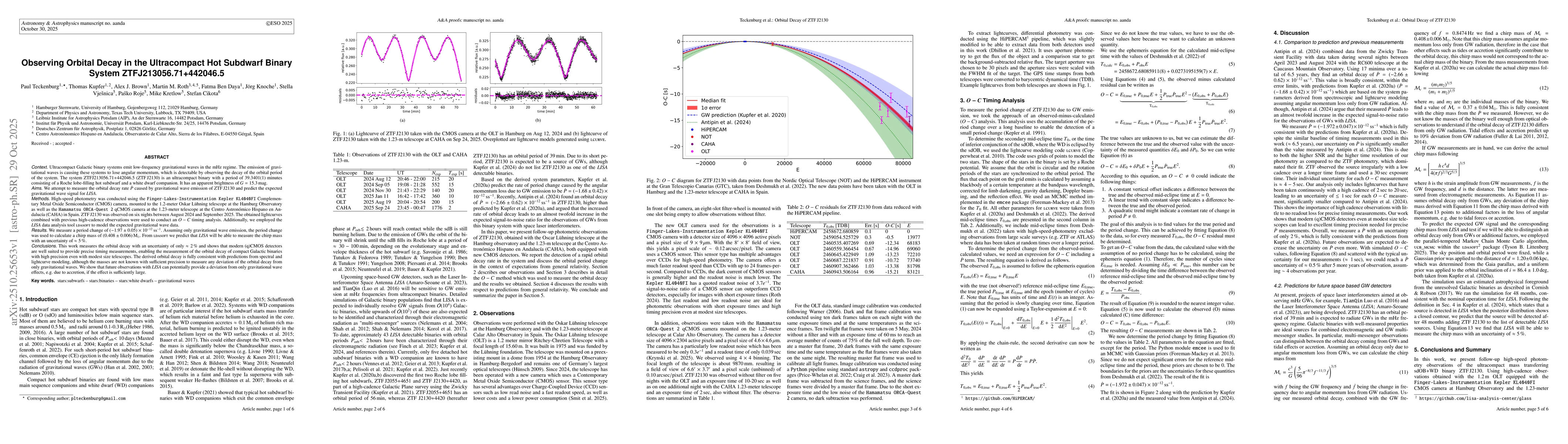Thumbnail for Observing Orbital Decay in the Ultracompact Hot Subdwarf Binary System
  ZTFJ213056.71+442046.5