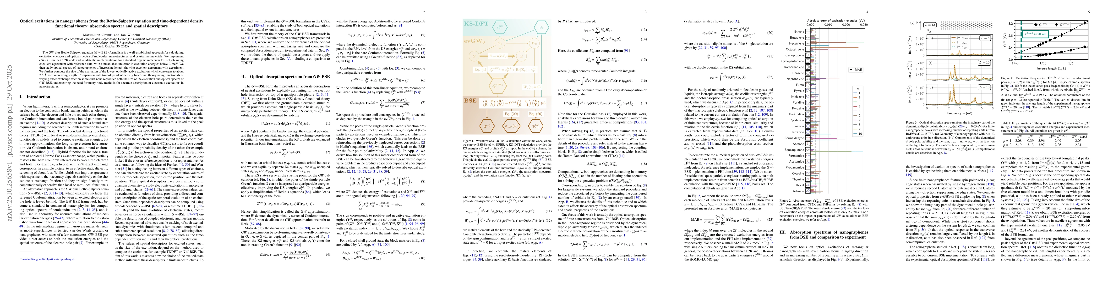 Thumbnail for Optical excitations in nanographenes from the Bethe-Salpeter equation
  and time-dependent density functional theory: absorption spectra and spatial
  descriptors