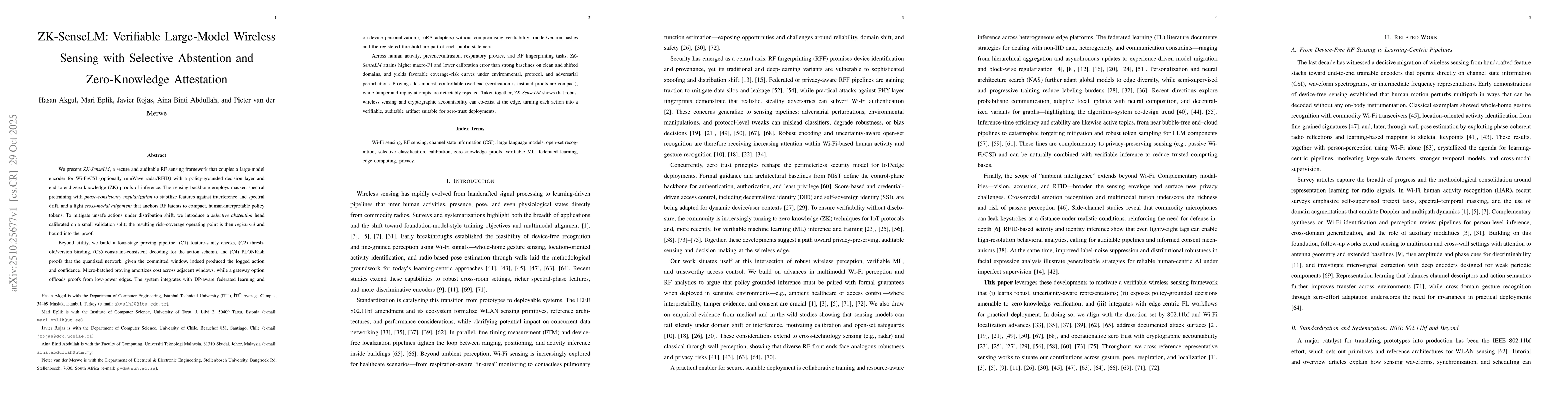 Thumbnail for ZK-SenseLM: Verifiable Large-Model Wireless Sensing with Selective
  Abstention and Zero-Knowledge Attestation