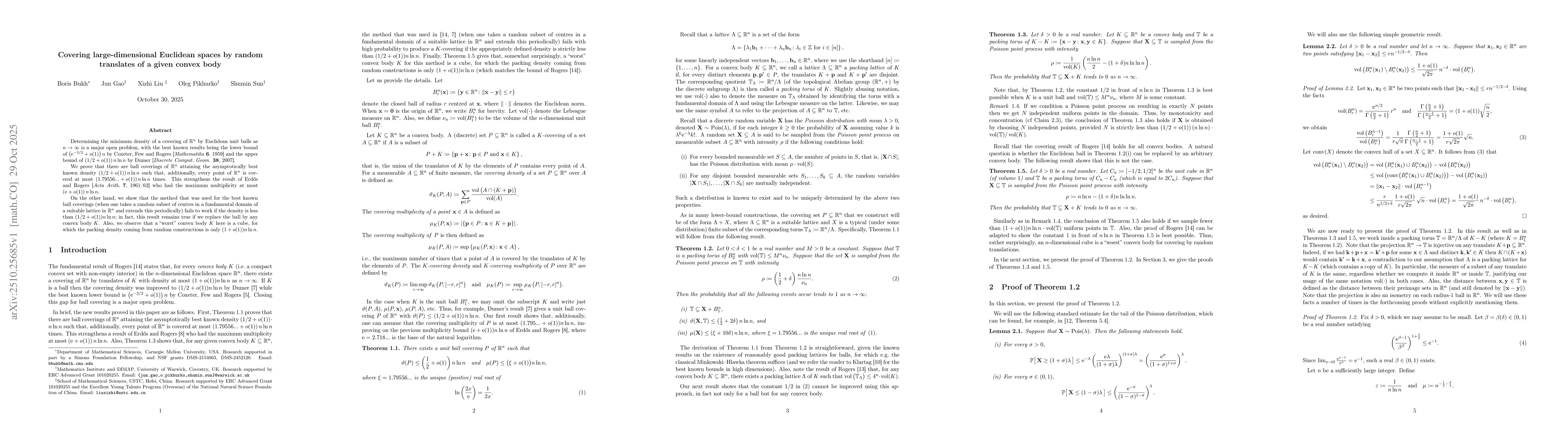 Thumbnail for Covering large-dimensional Euclidean spaces by random translates of a
  given convex body