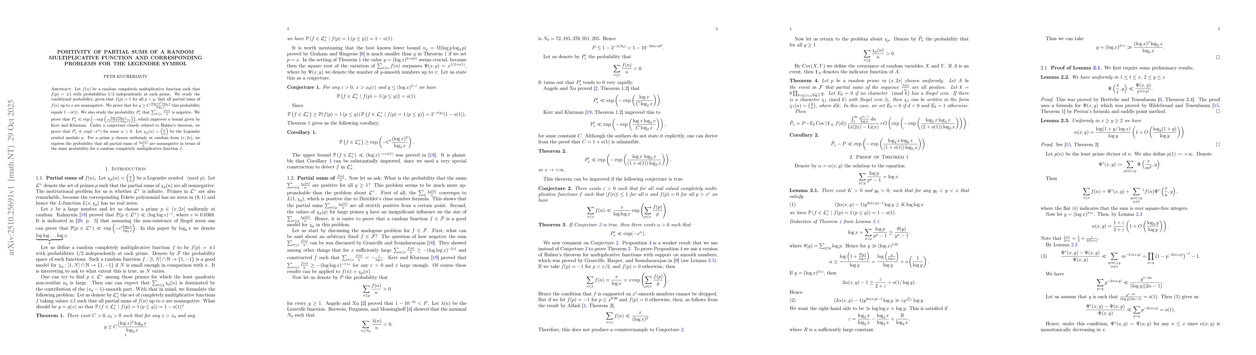 Thumbnail for Positivity of partial sums of a random multiplicative function and
  corresponding problems for the Legendre symbol