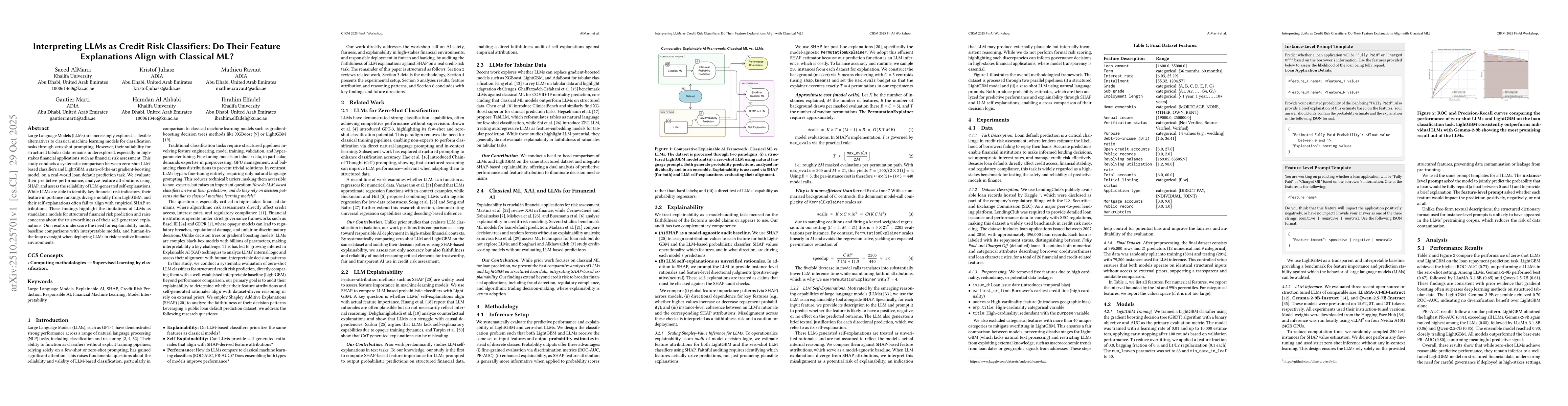 Thumbnail for Interpreting LLMs as Credit Risk Classifiers: Do Their Feature
  Explanations Align with Classical ML?