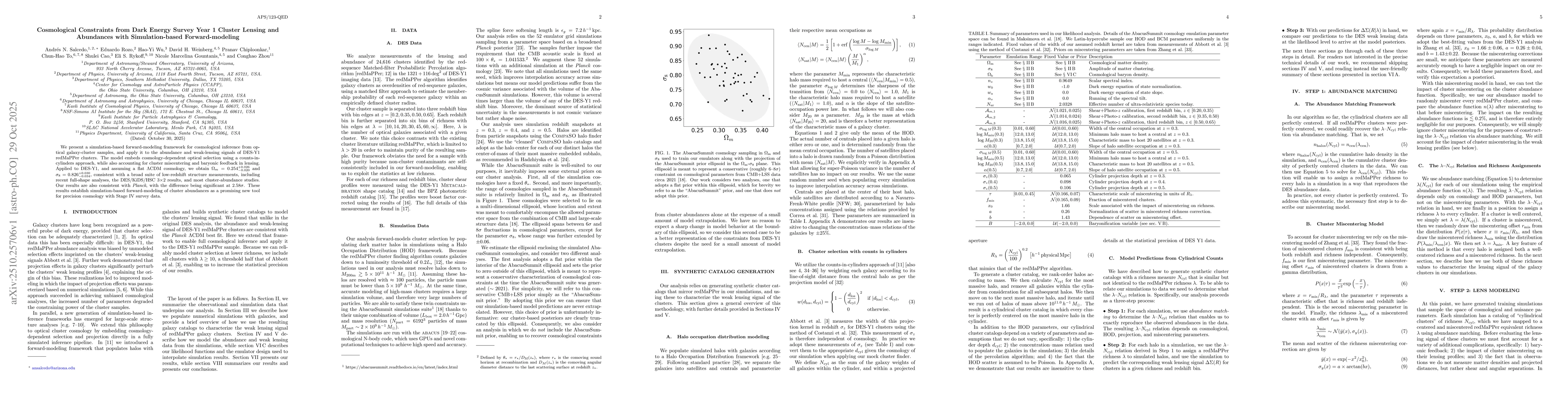 Thumbnail for Cosmological Constraints from Dark Energy Survey Year 1 Cluster Lensing
  and Abundances with Simulation-based Forward-Modeling
