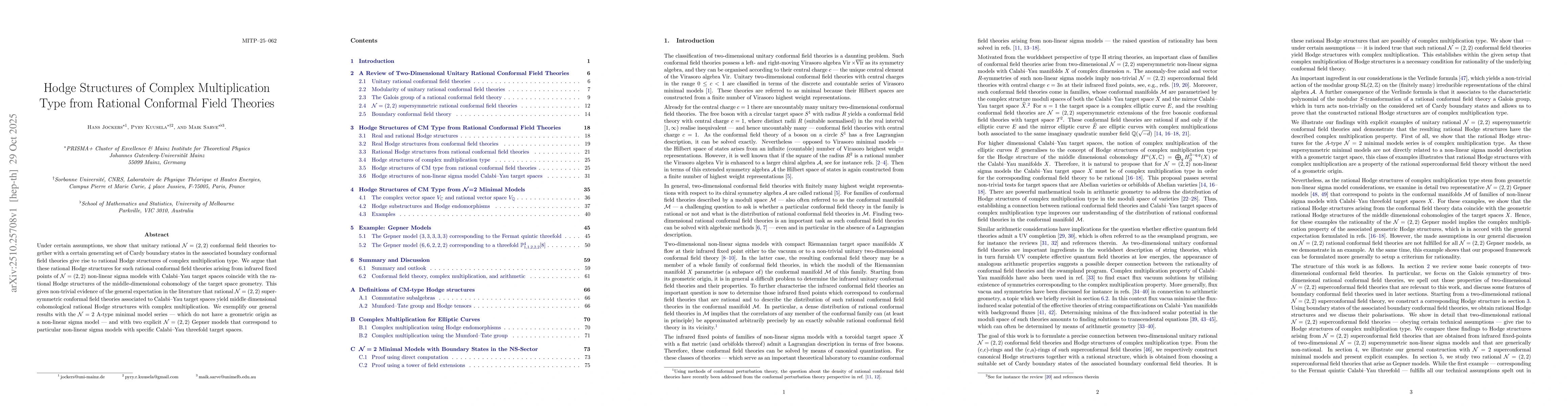 Thumbnail for Hodge Structures of Complex Multiplication Type from Rational Conformal
  Field Theories