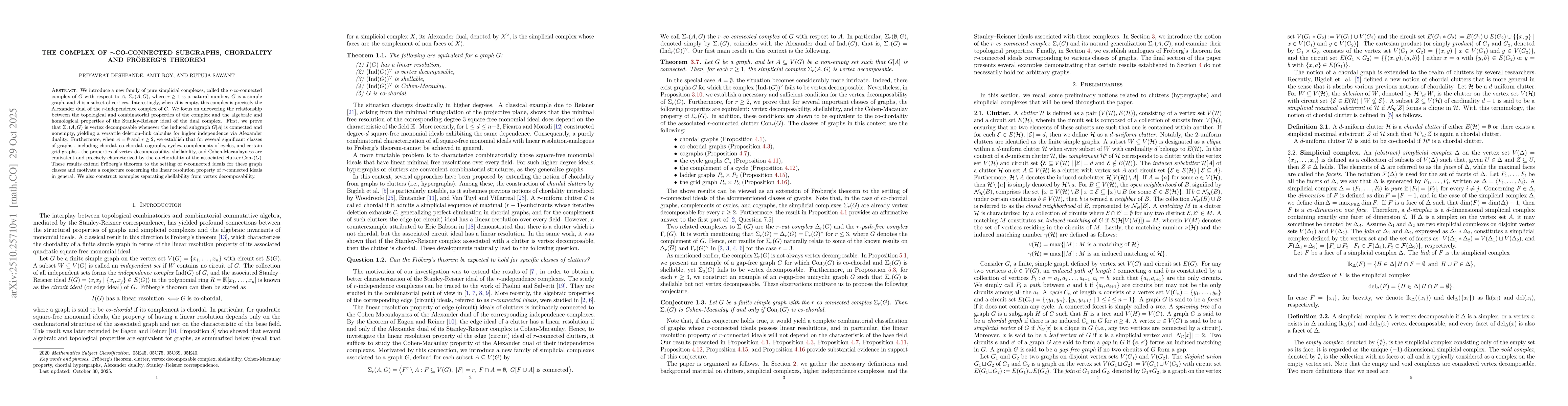 Thumbnail for The complex of $r$-co-connected subgraphs, chordality and FrĂśberg's
  theorem