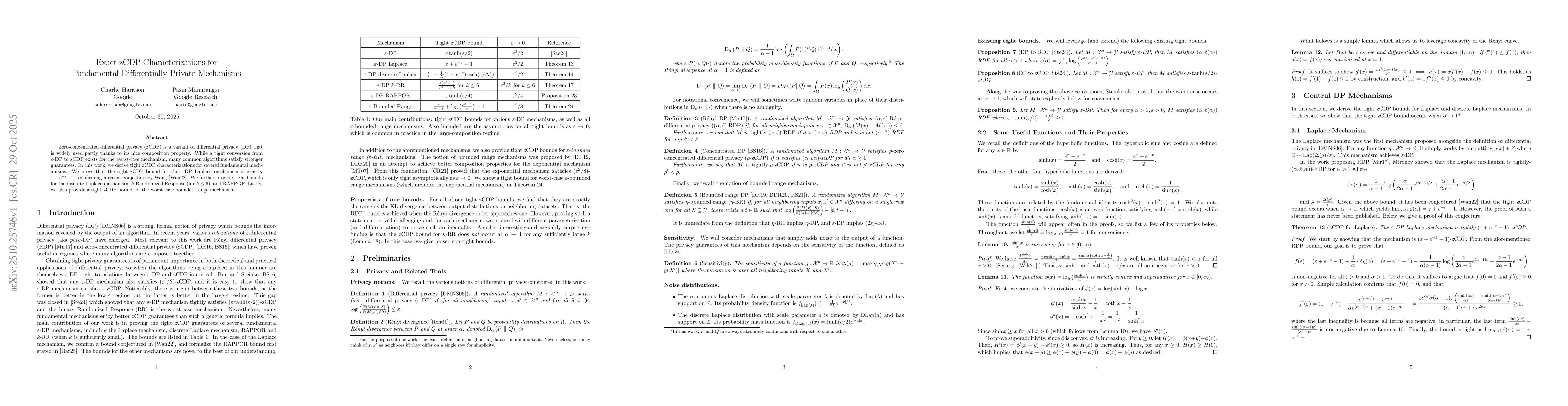 Thumbnail for Exact zCDP Characterizations for Fundamental Differentially Private
  Mechanisms