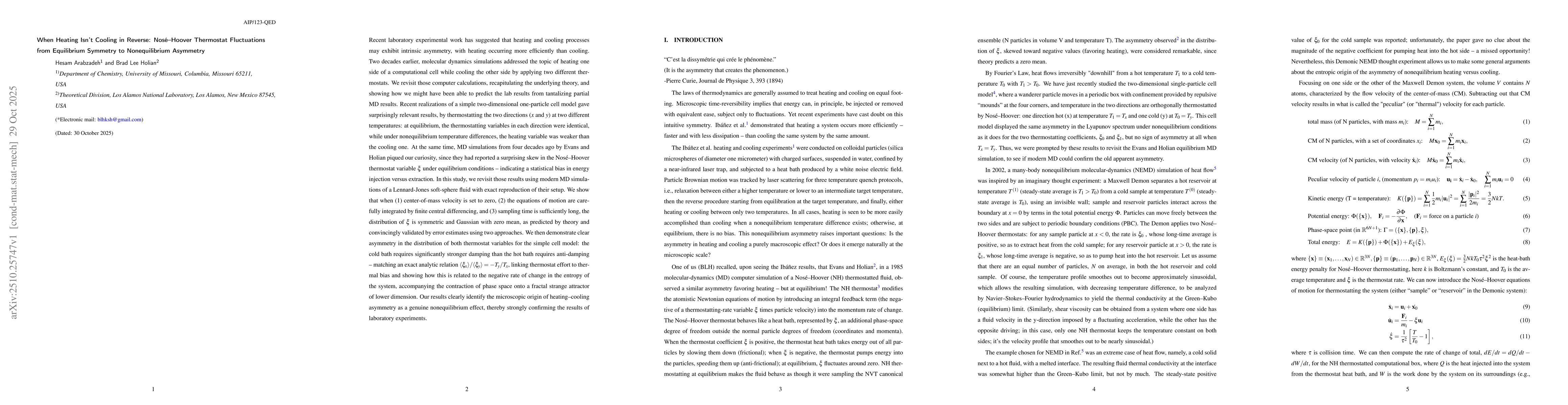Thumbnail for When Heating Isn't Cooling in Reverse: Nosé-Hoover Thermostat
  Fluctuations from Equilibrium Symmetry to Nonequilibrium Asymmetry