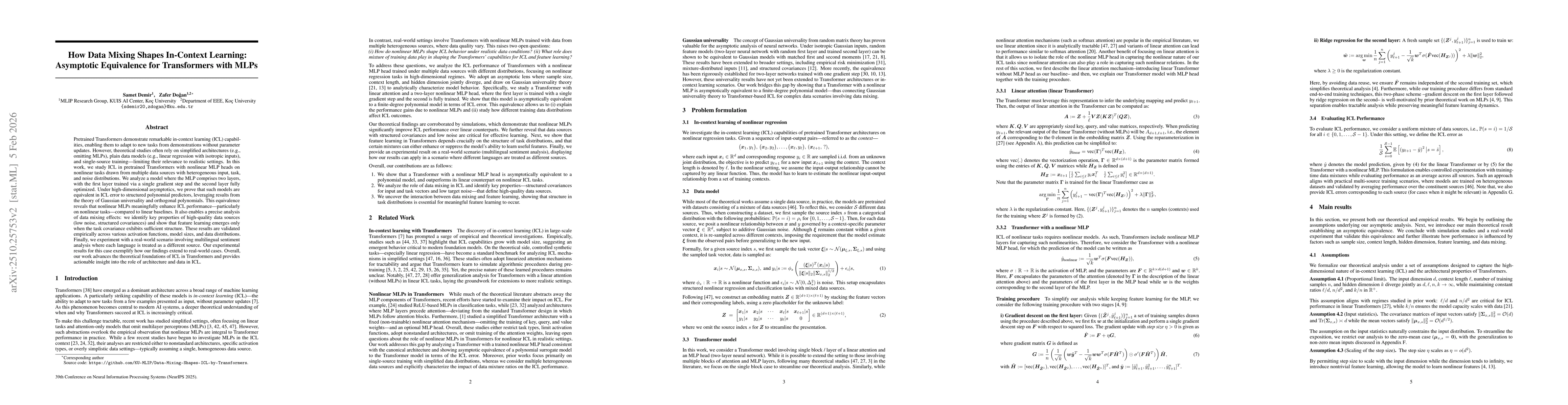 Thumbnail for How Data Mixing Shapes In-Context Learning: Asymptotic Equivalence for
  Transformers with MLPs